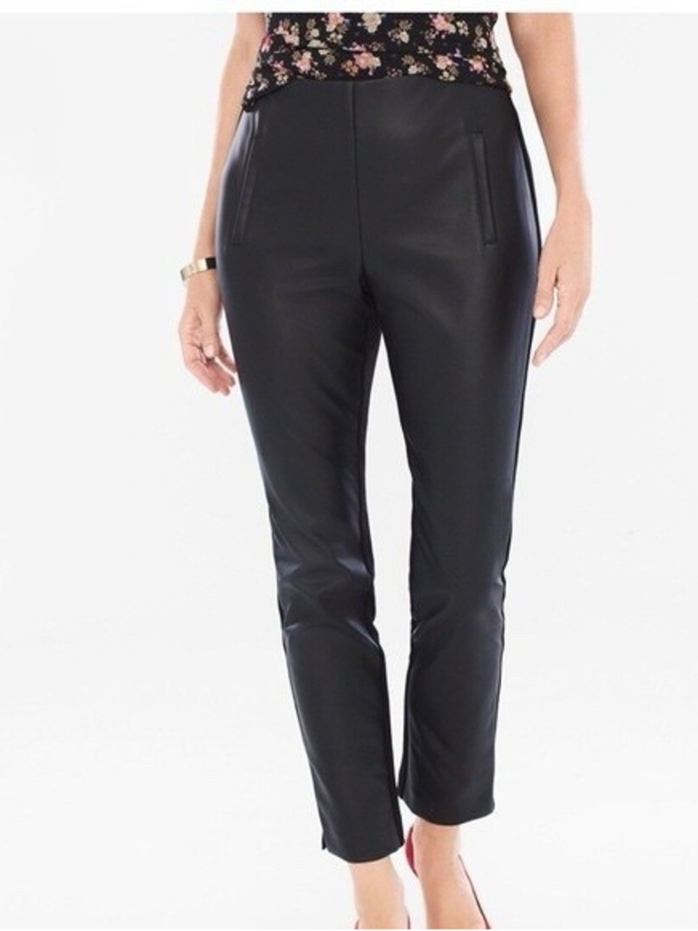 Chico’s black faux leather sleek front ankle Juliet pull on stretch pants size S
